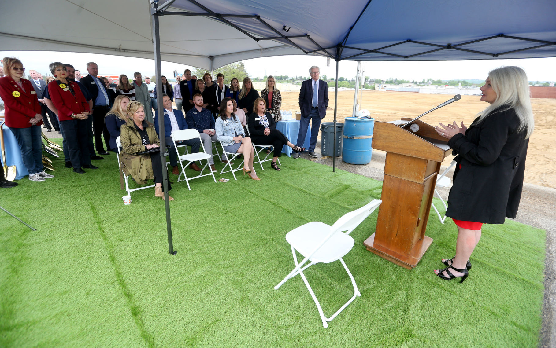 Stefanie Rupert, president and CEO of Collins Community Credit Union, speaks during a groundbreaking for the credit union