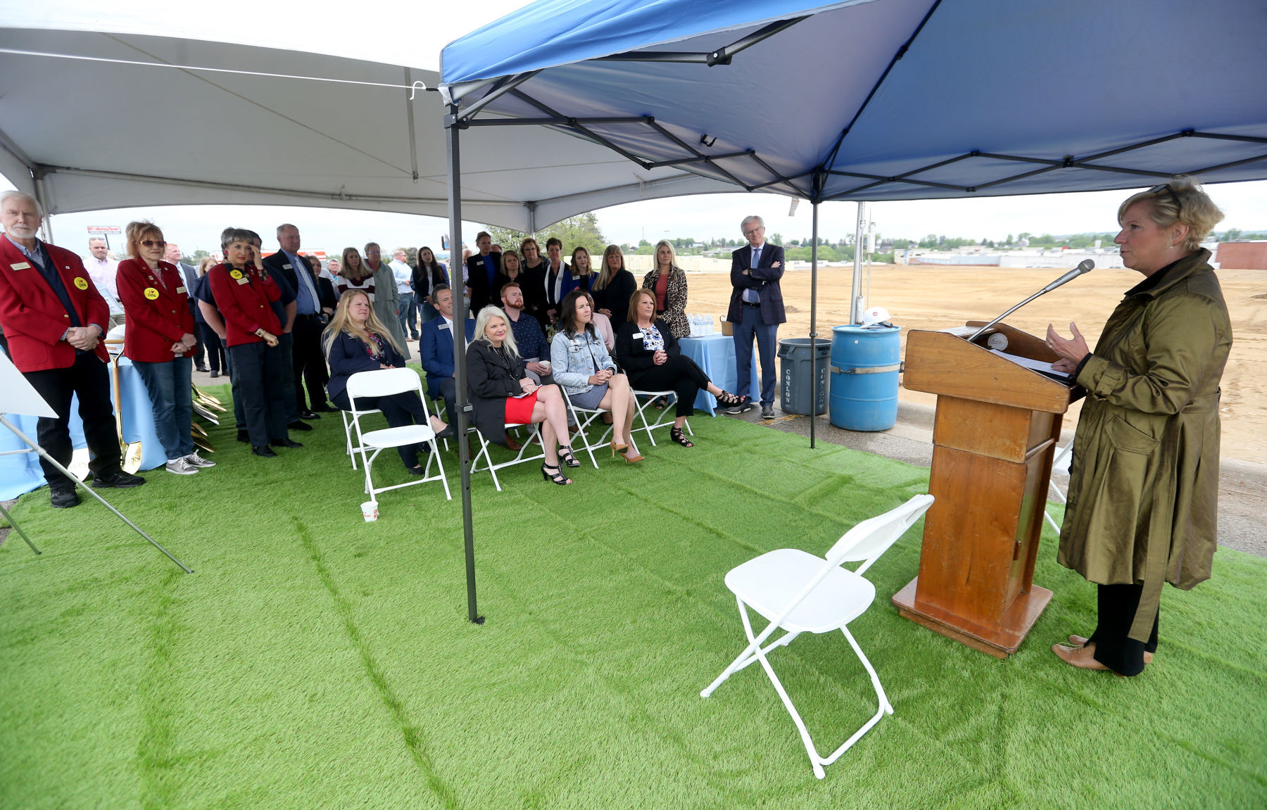 Molly Grover, president and CEO of Dubuque Area Chamber of Commerce, speaks during a groundbreaking for Collins Community Credit Union
