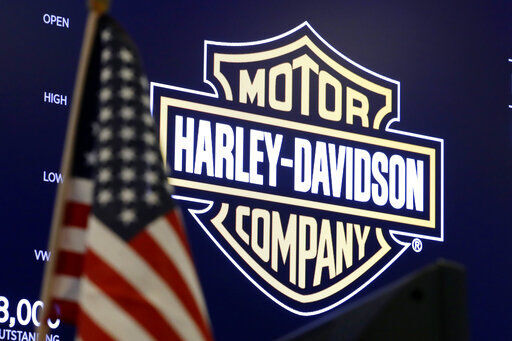 Harley-Davidson shares fell more than 7% Thursday, May 19, 2022 after the motorcycle maker said it was suspending vehicle assembly and most shipments for two weeks due to a regulatory compliance issue with one of its suppliers.     PHOTO CREDIT: Richard Drew