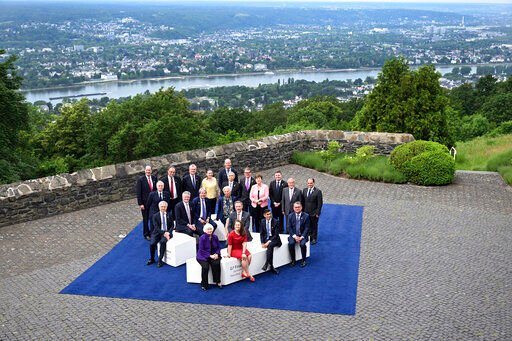 U.S. Treasury Secretary Janet Yellen, front, and participiants of a G7 Finance Ministers Meeting hosted by German Finance Minister Christian Lindner pose for a photo at the federal guest house Petersberg, near Bonn, Germany, Thursday, May 19, 2022. (Federico Gambarini/dpa via AP)    PHOTO CREDIT: Federico Gambarini