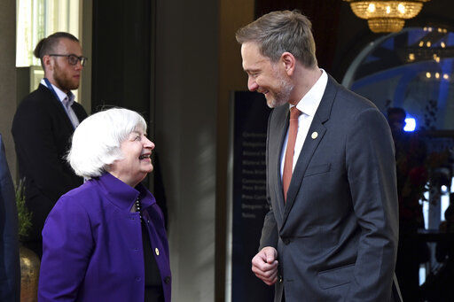 German Finance Minister Christian Lindner, right, welcomes U.S. Treasury Secretary Janet Yellen, front left, for a G7 Finance Ministers Meeting at the federal guest house Petersberg, near Bonn, Germany, Thursday, May 19, 2022. (Federico Gambarini/dpa via AP)    PHOTO CREDIT: Federico Gambarini