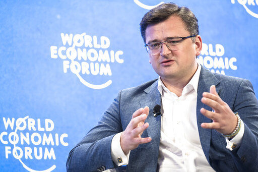 Dmytro Kuleba, Minister of Foreign Affairs of Ukraine gestures as he attends a seesion at the 51st annual meeting of the World Economic Forum, WEF, in Davos, Switzerland, on Wednesday, May 25, 2022. The forum has been postponed due to the Covid-19 outbreak and was rescheduled to early summer. The meeting brings together entrepreneurs, scientists, corporate and political leaders in Davos under the topic "History at a Turning Point: Government Policies and Business Strategies" from 22 - 26 May 2022. (Laurent Gillieron/Keystone via AP)    PHOTO CREDIT: Laurent Gillieron