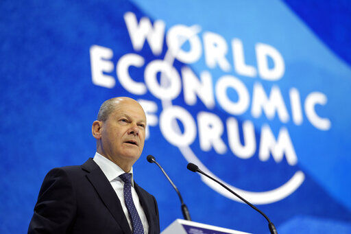 German chancellor Olaf Scholz speaks at the World Economic Forum in Davos, Switzerland, Thursday, May 26, 2022. The annual meeting of the World Economic Forum is taking place in Davos from May 22 until May 26, 2022. (AP Photo/Markus Schreiber)    PHOTO CREDIT: Markus Schreiber