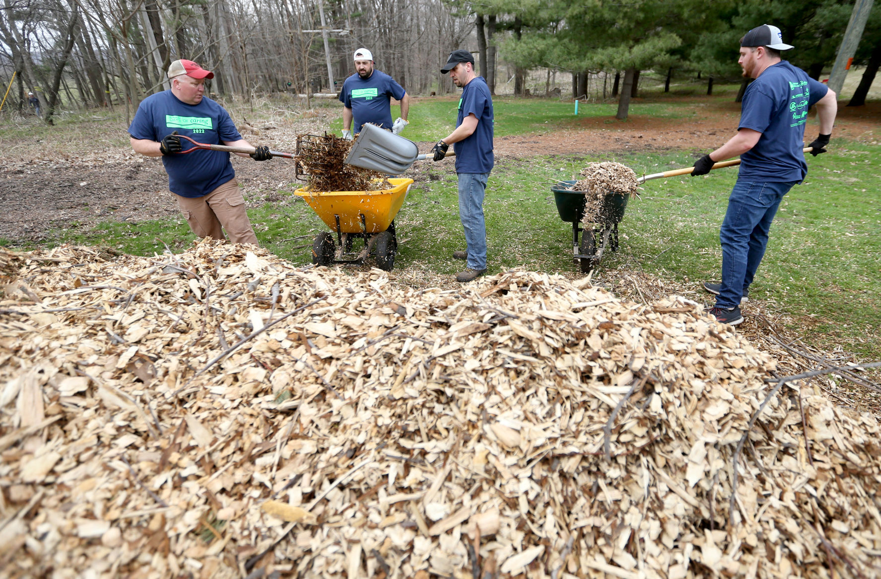 Jeremy Funston (from left), Justin Sauser, and Joe Cannavo, all employees of HTLF, and Keith McGinnis, an employee of Dubuque Bank & Trust, fill wheelbarrows with mulch at Four Mounds in Dubuque on May 29 as part of Dubuque Days of Caring.    PHOTO CREDIT: JESSICA REILLY, Telegraph Herald