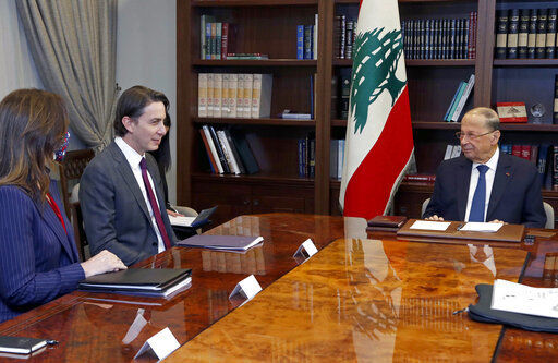 FILE - In this photo released by Lebanese government, Lebanese President Michel Aoun, right, meets with U.S. Envoy for Energy Affairs Amos Hochstein, center, and U.S. Ambassador to Lebanon Dorothy Shea, left, at the presidential palace in Baabda, east of Beirut, Lebanon, Feb. 9, 2022. On Monday, June 6, 2022, the Lebanese government invited Hochstein, a U.S. envoy mediating between Lebanon and Israel over their disputed maritime border to return to Beirut to conclude an agreement as soon as possible amid rising tensions along the border. (Dalati Nohra/Lebanese Official Government via AP, File)    PHOTO CREDIT: Dalati Nohra