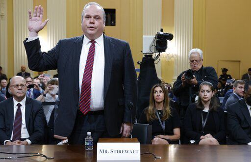 Former Fox News politics editor Chris Stirewalt is sworn in as a hearing by the House select committee investigating the Jan. 6 attack on the U.S. Capitol continues, Monday, June 13, 2022 on Capitol Hill in Washington. (Jonathan Ernst/Pool via AP)    PHOTO CREDIT: Jonathan Ernst
