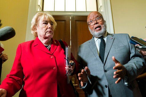 House select committee investigating the Jan. 6 attack on the U.S. Capitol Chairman Bennie Thompson, D-Miss., right, joined by Rep. Zoe Lofgren, D-Calif., left, speaks to reporters as they leave the hearing room on Capitol Hill in Washington, Monday, June 13, 2022. (AP Photo/Manuel Balce Ceneta)    PHOTO CREDIT: Manuel Balce Ceneta