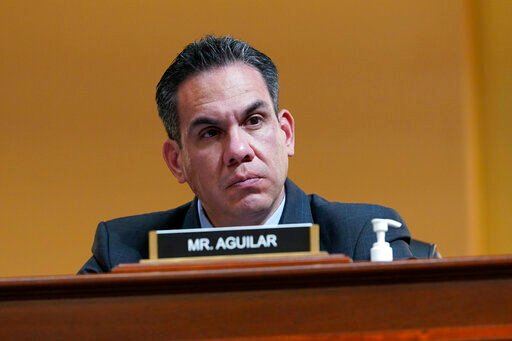 Rep. Pete Aguilar, D-Calif., listens as the House select committee investigating the Jan. 6 attack on the U.S. Capitol continues to reveal its findings of a year-long investigation, at the Capitol in Washington, Monday, June 13, 2022. (AP Photo/Susan Walsh)    PHOTO CREDIT: Susan Walsh