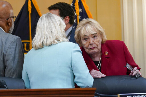 Vic Chair Rep. Liz Cheney, R-Wyo., talks with Rep. Zoe Lofgren, D-Calif., as the House select committee investigating the Jan. 6 attack on the U.S. Capitol continues to reveal its findings of a year-long investigation, at the Capitol in Washington, Monday, June 13, 2022. (AP Photo/Susan Walsh)    PHOTO CREDIT: Susan Walsh