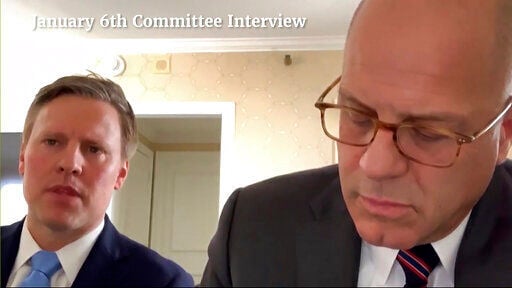 In this image from video released by the House Select Committee, an exhibit shows Bill Stepien, former Trump campaign manager, left, during a video interview to the House select committee investigating the Jan. 6 attack on the U.S. Capitol at the hearing Monday, June 13, 2022, on Capitol Hill in Washington. (House Select Committee via AP)    PHOTO CREDIT: HOGP