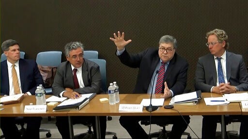 In this image from video released by the House Select Committee, former Attorney General William Barr speaks during a video deposition to the House select committee investigating the Jan. 6 attack on the U.S. Capitol, that was shown as an exhibit at the hearing Monday, June 13, 2022, on Capitol Hill in Washington. (House Select Committee via AP)    PHOTO CREDIT: HOGP