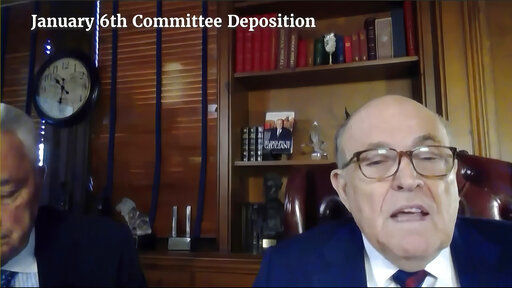 In this image from video released by the House Select Committee, Rudolph Giuliani speaks during a video deposition to the House select committee investigating the Jan. 6 attack on the U.S. Capitol, that was shown as an exhibit at the hearing Monday, June 13, 2022, on Capitol Hill in Washington. (House Select Committee via AP)    PHOTO CREDIT: HOGP