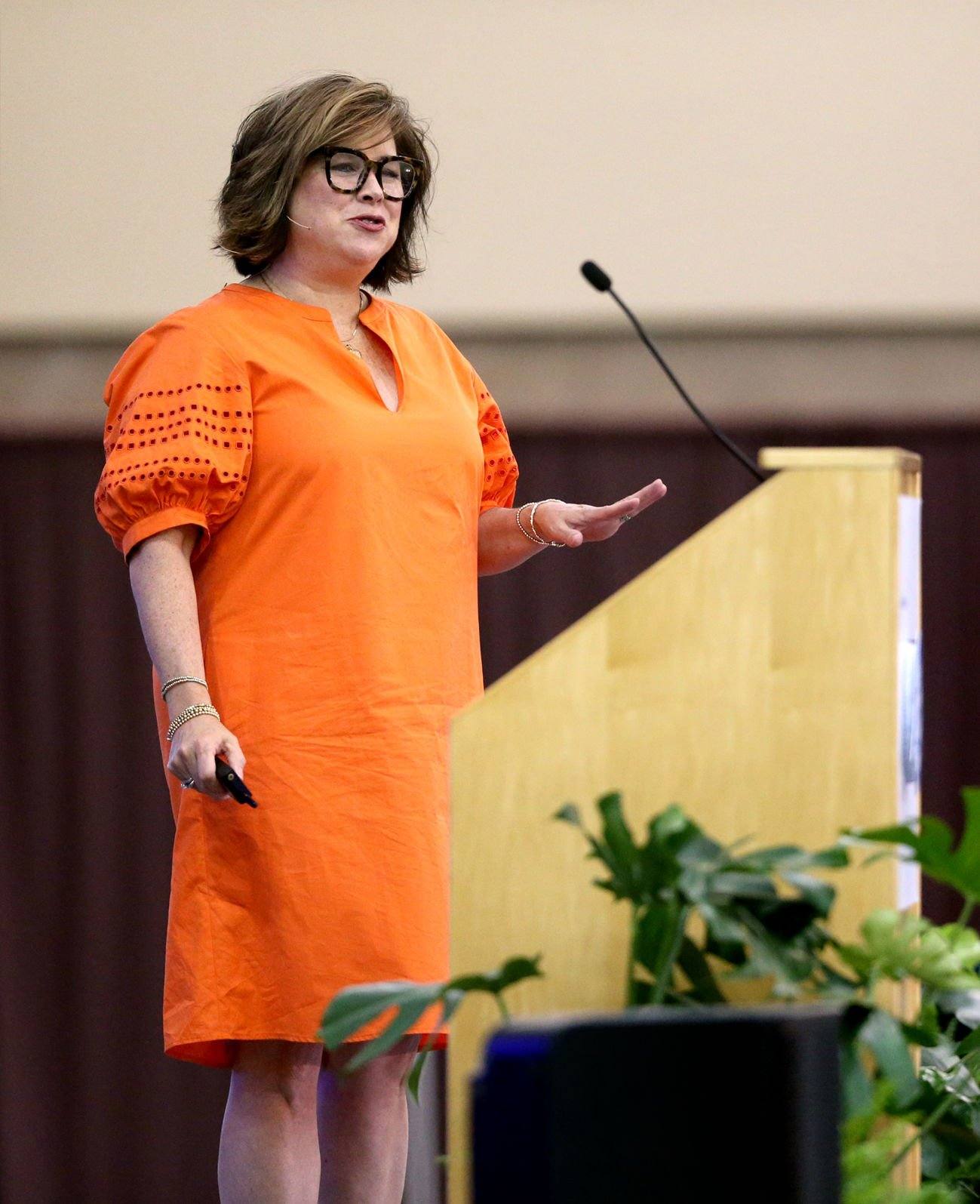 Sheryl Connelly, chief futurist with Ford Motor Co., speaks during the Iowa Association of Business and Industry conference at Grand River Center in Dubuque on Wednesday, June 15, 2022.    PHOTO CREDIT: JESSICA REILLY