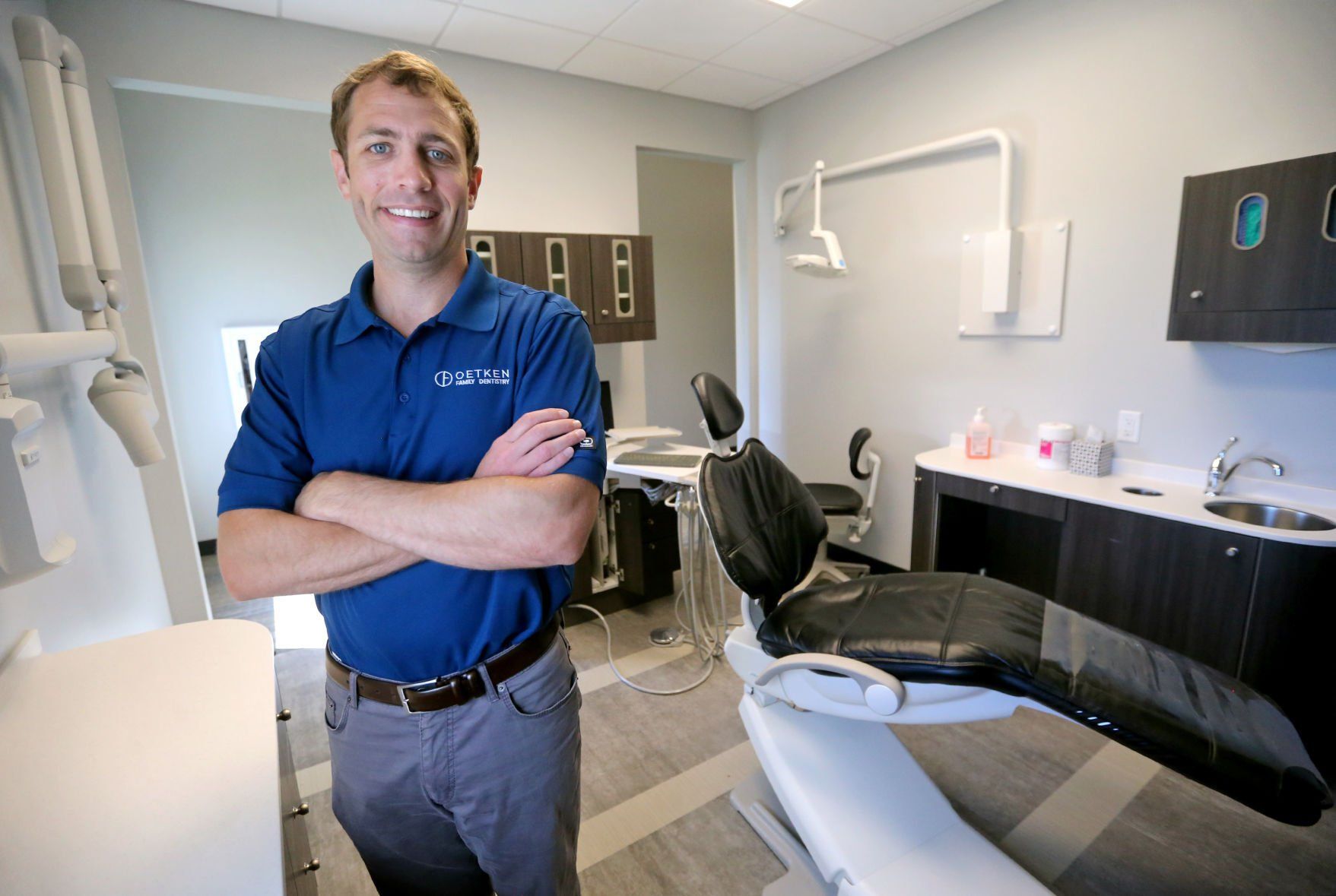 Ryan Oetken shows one of the rooms at Oetken Family Dentistry’s new Cedar Cross Road location in Dubuque. The dental practice, currently on John F. Kennedy Road, will move to the new building in July.    PHOTO CREDIT: JESSICA REILLY