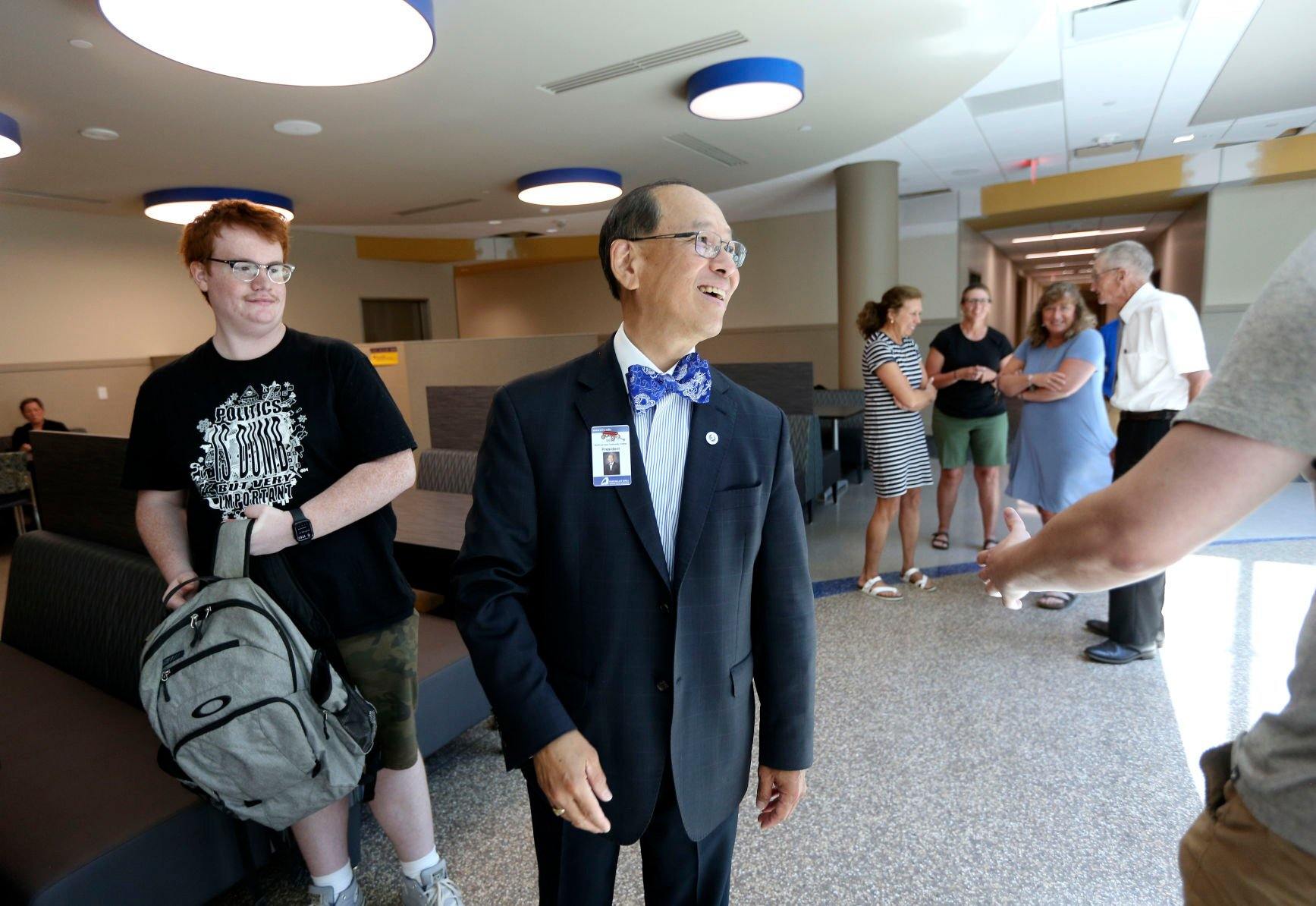 Departing Northeast Iowa Community College President Liang Chee Wee chats with students during his goodbye ceremony held at the Peosta campus on, Wednesday, June 22, 2022.    PHOTO CREDIT: Dave Kettering