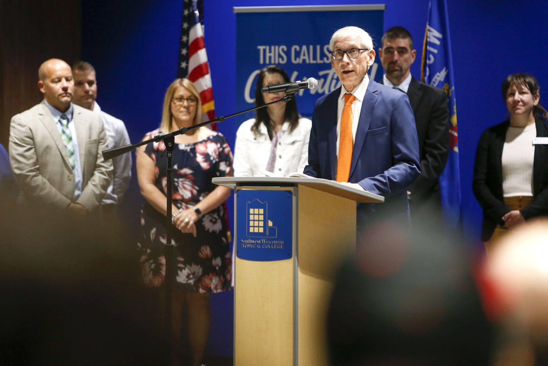 Wisconsin Gov. Tony Evers announces $2.9 million in grant funding for workforce development efforts at Southwest Wisconsin Technical College in Fennimore, Wis., on Thursday.    PHOTO CREDIT: Dave Kettering