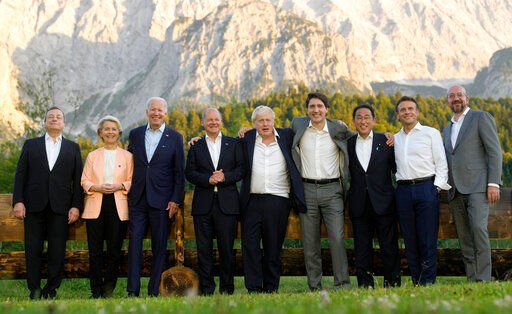 Group of Seven leaders pose during a group photo at the G7 summit at Castle Elmau in Kruen, near Garmisch-Partenkirchen, Germany, on Sunday, June 26, 2022. The Group of Seven leading economic powers are meeting in Germany for their annual gathering Sunday through Tuesday. From left, Italy