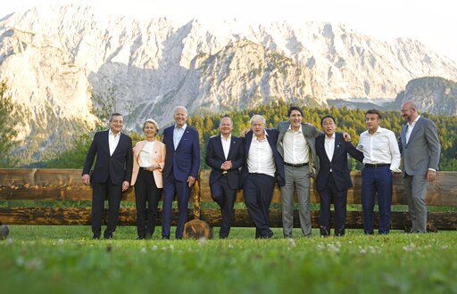Group of Seven leaders pose during a group photo at the G7 summit at Castle Elmau in Kruen, near Garmisch-Partenkirchen, Germany, on Sunday, June 26, 2022. The Group of Seven leading economic powers are meeting in Germany for their annual gathering Sunday through Tuesday. From left, Italy
