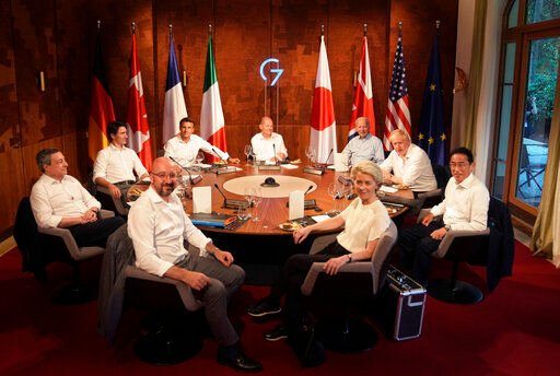 Group of Seven leaders gather for a dinner event at Castle Elmau in Kruen, near Garmisch-Partenkirchen, Germany, on Sunday, June 26, 2022. The Group of Seven leading economic powers are meeting in Germany for their annual gathering Sunday through Tuesday. Leaders clockwise from front left, European Council President Charles Michel, Italy