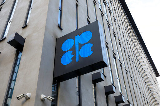 FILE - The logo of the Organization of the Petroleoum Exporting Countries (OPEC) is seen outside of OPEC