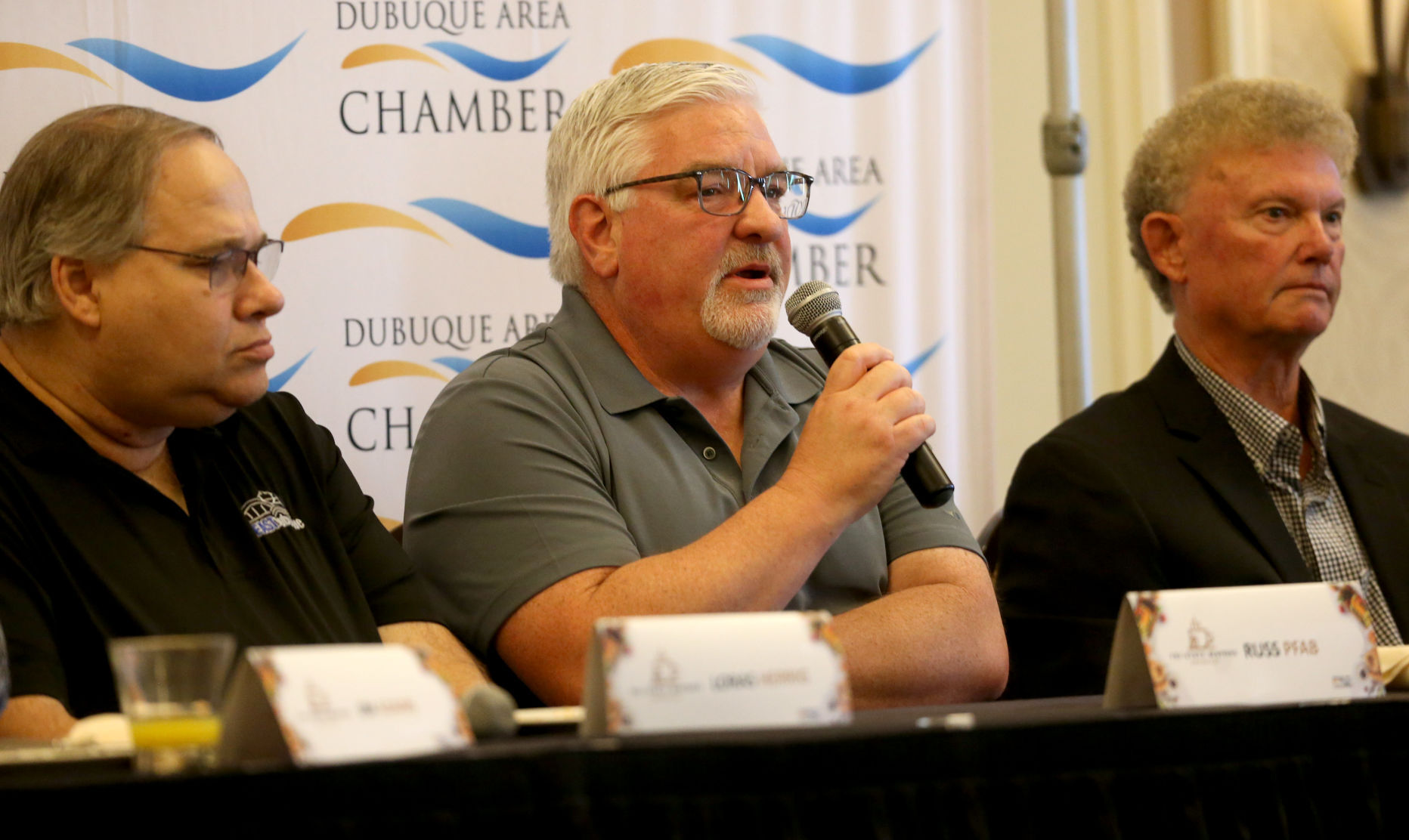 Peosta, Iowa, Mayor Russ Pfab speaks during the Dubuque Area Chamber of Commerce
