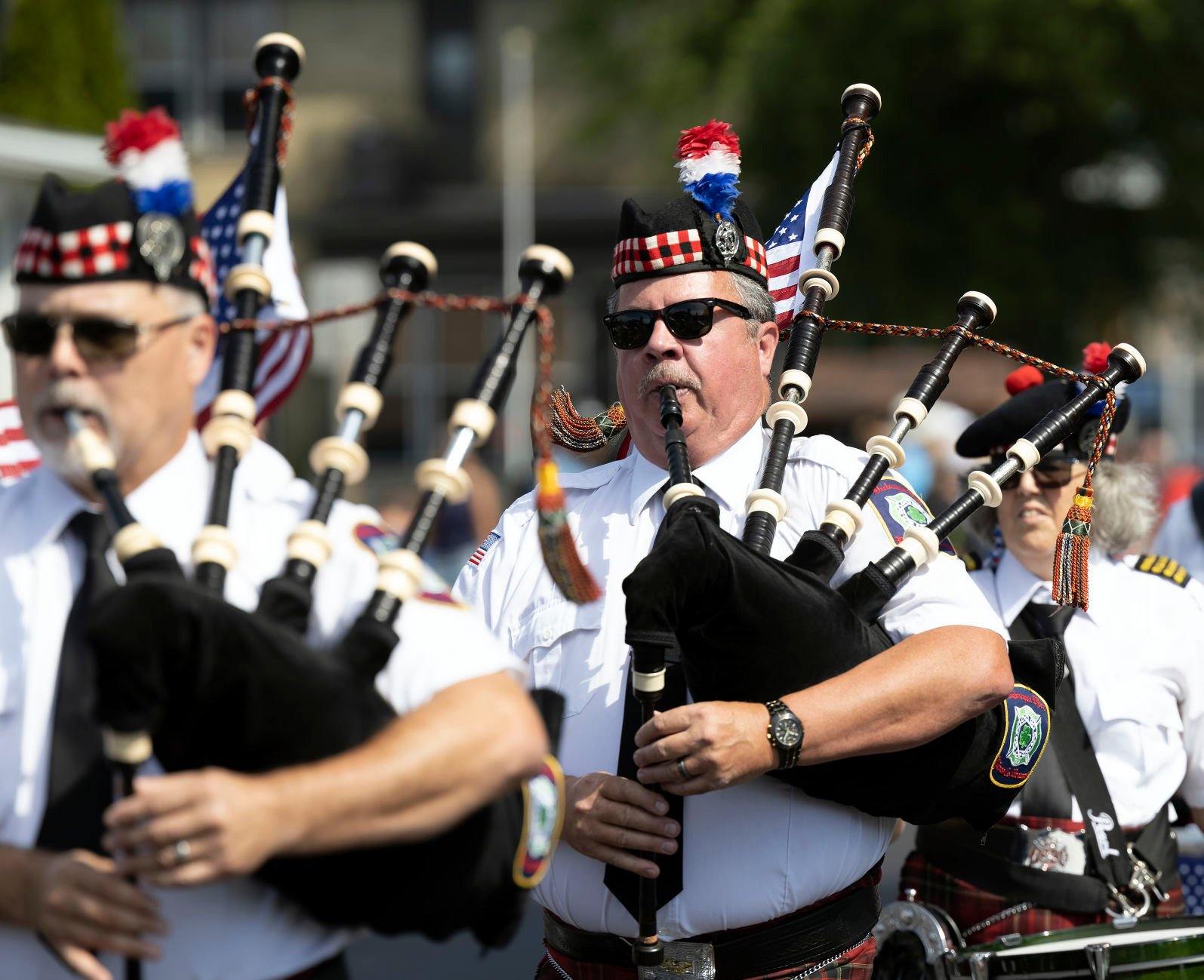 Spivey plays the bagpipe in numerous events, such as with Dubuque Fire Pipes & Drums during the recent Heritage Days in Bellevue, Iowa.    PHOTO CREDIT: Stephen Gassman
