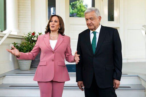 Vice President Kamala Harris welcomes Mexican President Andres Manuel Lopez Obrador, at the vice president
