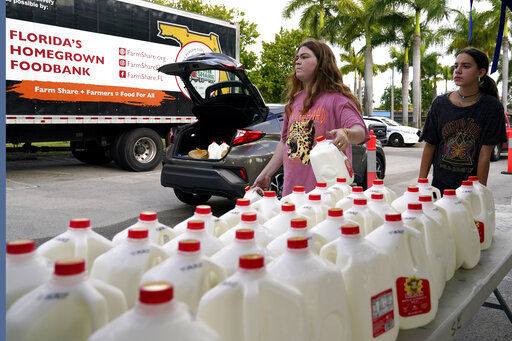 Vanessa Correa (from left) and Gigi Fiske pass out gallons of milk at a food distribution held by the Farm Share food bank. Long lines are back at food banks around the U.S. as working Americans overwhelmed by inflation turn to handouts to help feed their families.     PHOTO CREDIT: Lynne Sladky