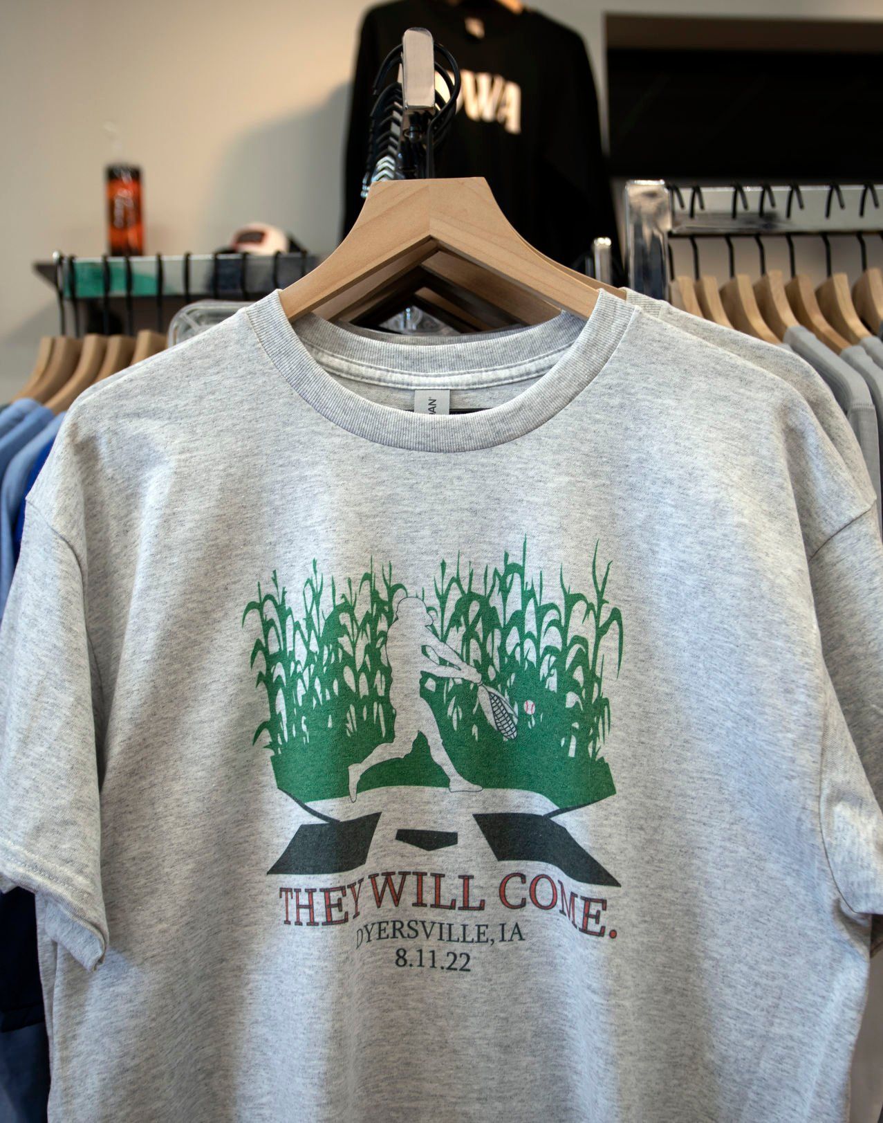 A Field of Dreams-themed shirt is on sale at Haberdash Outfitters Co. in Dyersville, Iowa. Photo Taken Tuesday, August 2, 2022.    PHOTO CREDIT: Stephen Gassman