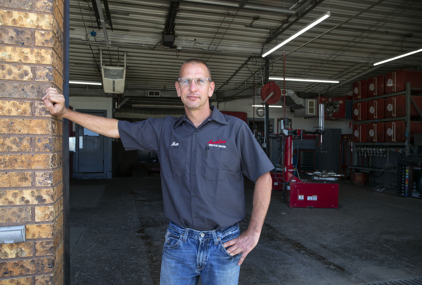 Co-owner Matt Leibfried in front of one of the work bays at Avalon Service Center in Rickardsville, Iowa on Friday, August 5, 2022.    PHOTO CREDIT: Stephen Gassman