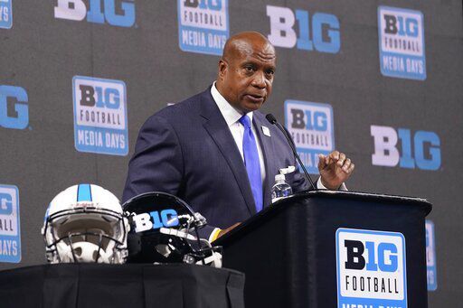 Big Ten Commissioner Kevin Warren talks to reporters during an NCAA college football news conference. The Big Ten has announced its new, seven-year media rights deal with Fox, NBC and CBS that is believed to be the richest ever struck with a college sports conference. A person familiar with the contracts tells The Associated Press that the conference