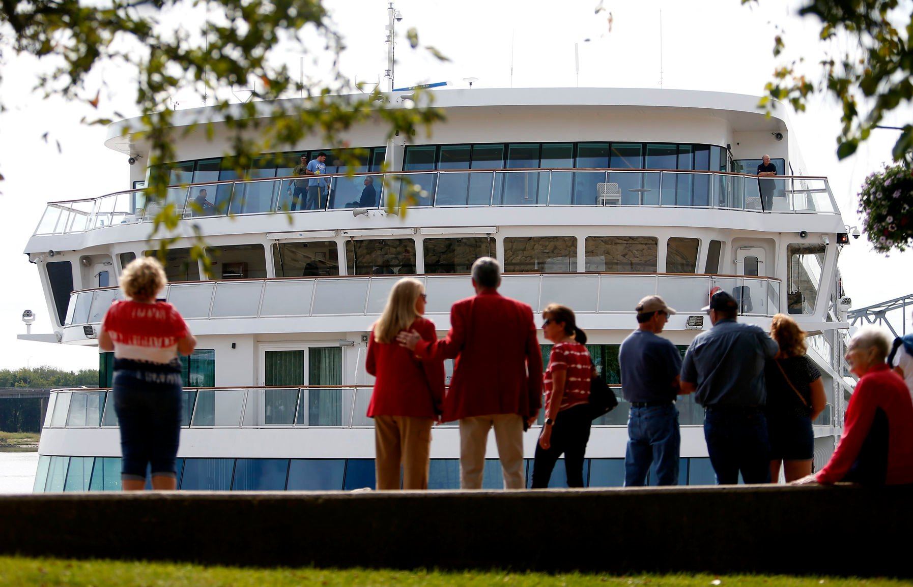 People check out the Viking Mississippi cruise ship docked at the Port of Dubuque on Tuesday, Sept. 6, 2022.    PHOTO CREDIT: Dave Kettering