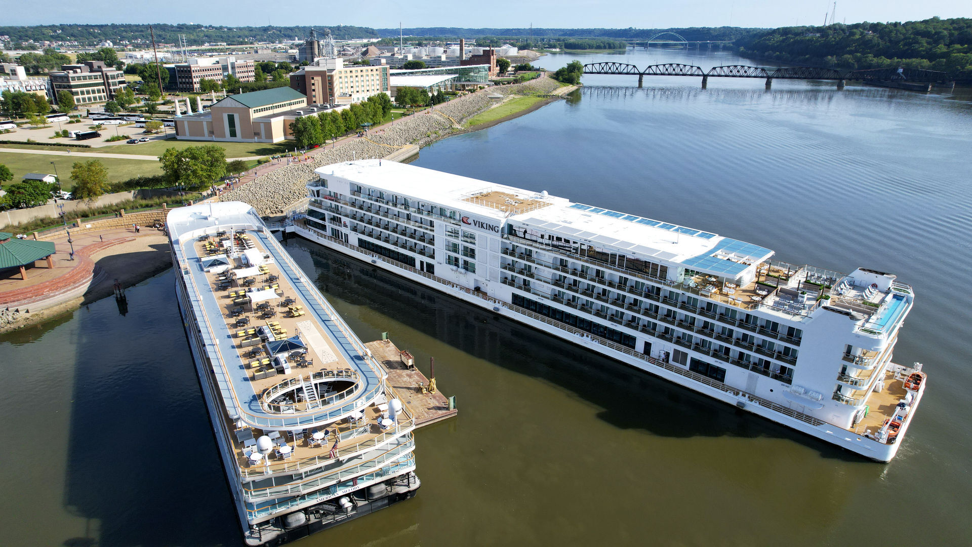 The Viking Mississippi cruise ship (right) docks at the Port of Dubuque on Tuesday, Sept. 6, 2022.    PHOTO CREDIT: Dave Kettering