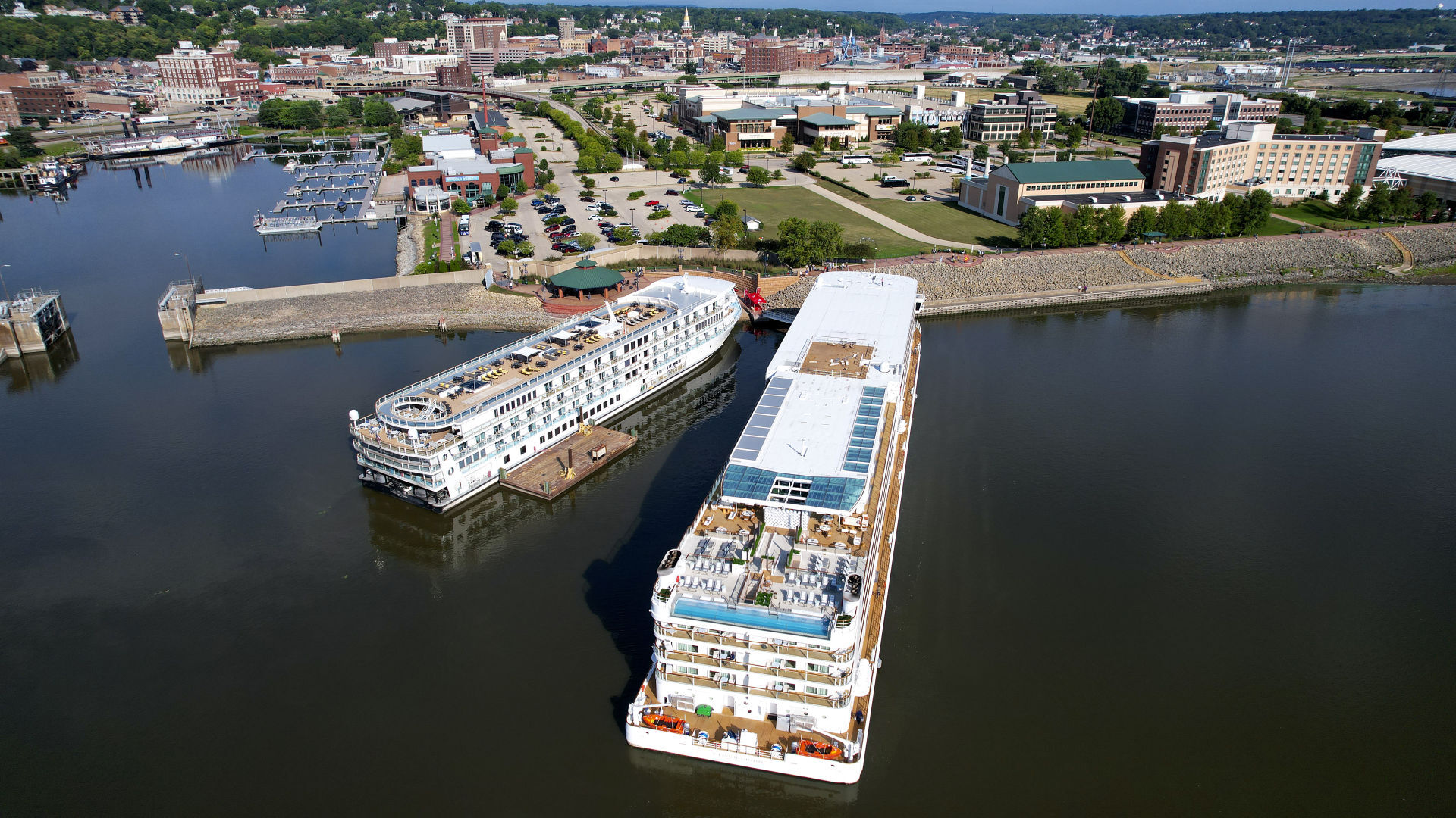 The Viking Mississippi cruise ship (right) docks at the Port of Dubuque on Tuesday, Sept. 6, 2022.    PHOTO CREDIT: Dave Kettering