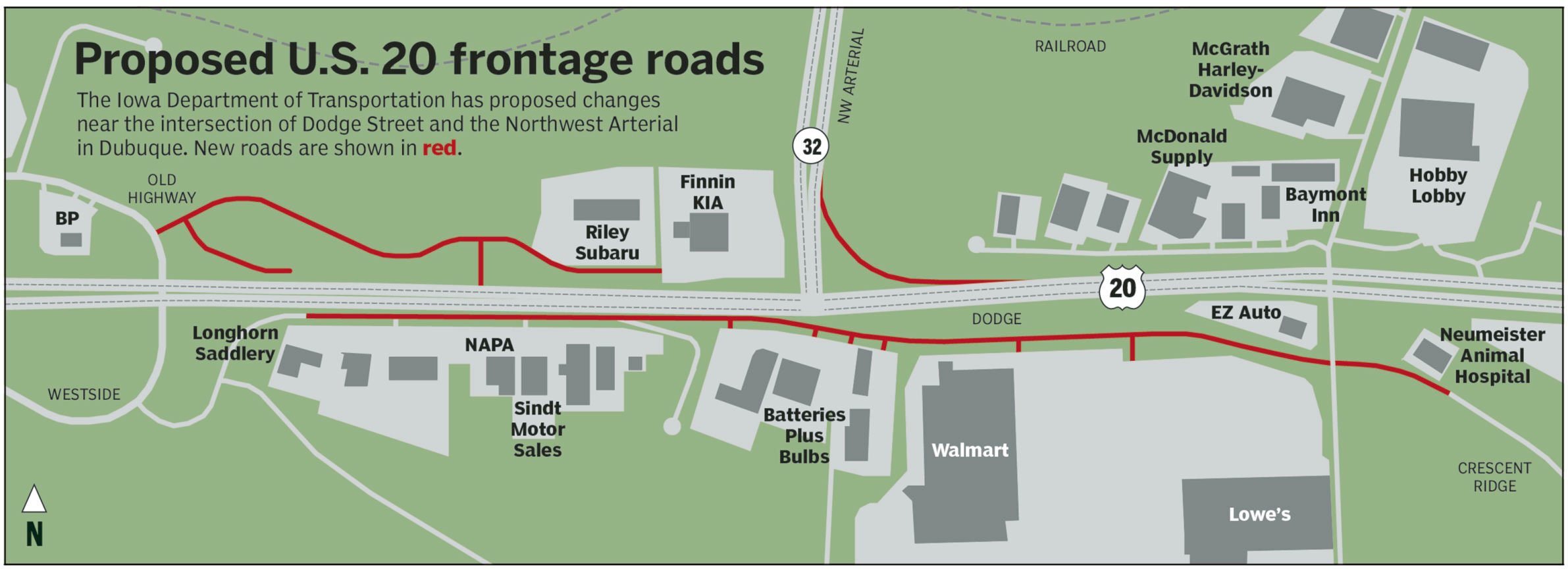 The Iowa Department of Transportation has proposed changes near the intersection of Dodge Street and the Northwest Arterial in Dubuque. New roads are shown in red.    PHOTO CREDIT: Telegraph Herald