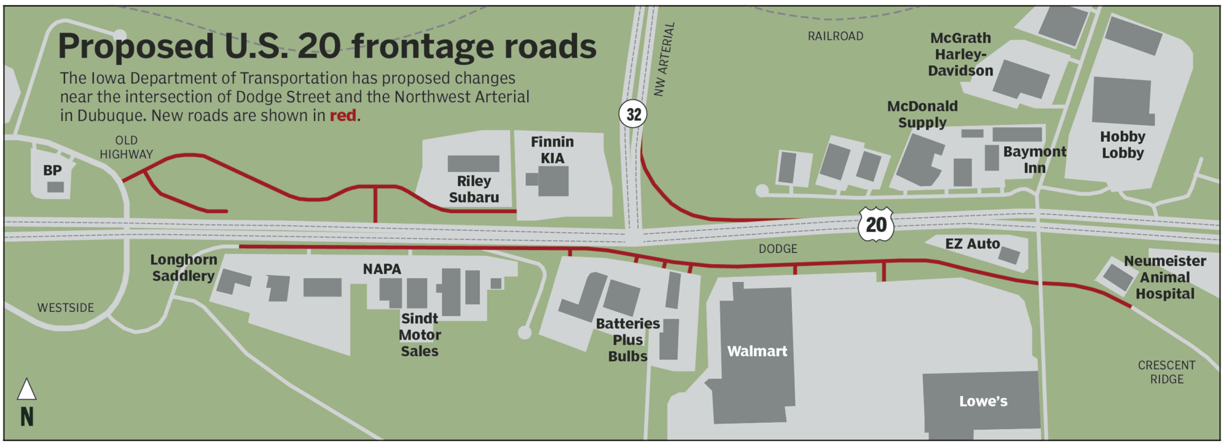 The Iowa Department of Transportation has proposed changes near the intersection of Dodge Street and the Northwest Arterial in Dubuque. New roads are shown in red.    PHOTO CREDIT: Telegraph Herald