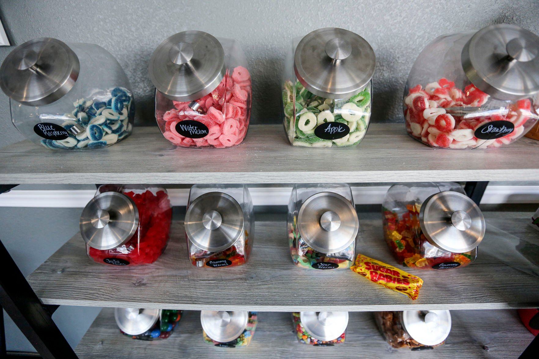 A selection of candy sits on a shelf at Sweet Boutique in Bellevue, Iowa.    PHOTO CREDIT: Dave Kettering