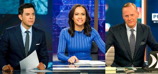 This combination of photos shows, from left, Tom Llamas, host of "Top Story with Tom Llamas," Linsey Davis on the set of "ABC News Live Prime with Linsey Davis," and John Dickerson, host of "CBS News Prime Time with John Dickerson." ABC, CBS and NBC are now streaming competing evening newscasts.    PHOTO CREDIT: NBC/ABC/CBS via AP
