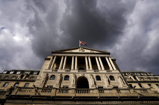 View of the Bank of England in London, Wednesday, Sept. 28, 2022. The Bank of England has launched a temporary bond-buying programme as it takes emergency action to prevent "material risk" to UK financial stability.(AP Photo/Frank Augstein)    PHOTO CREDIT: Frank Augstein