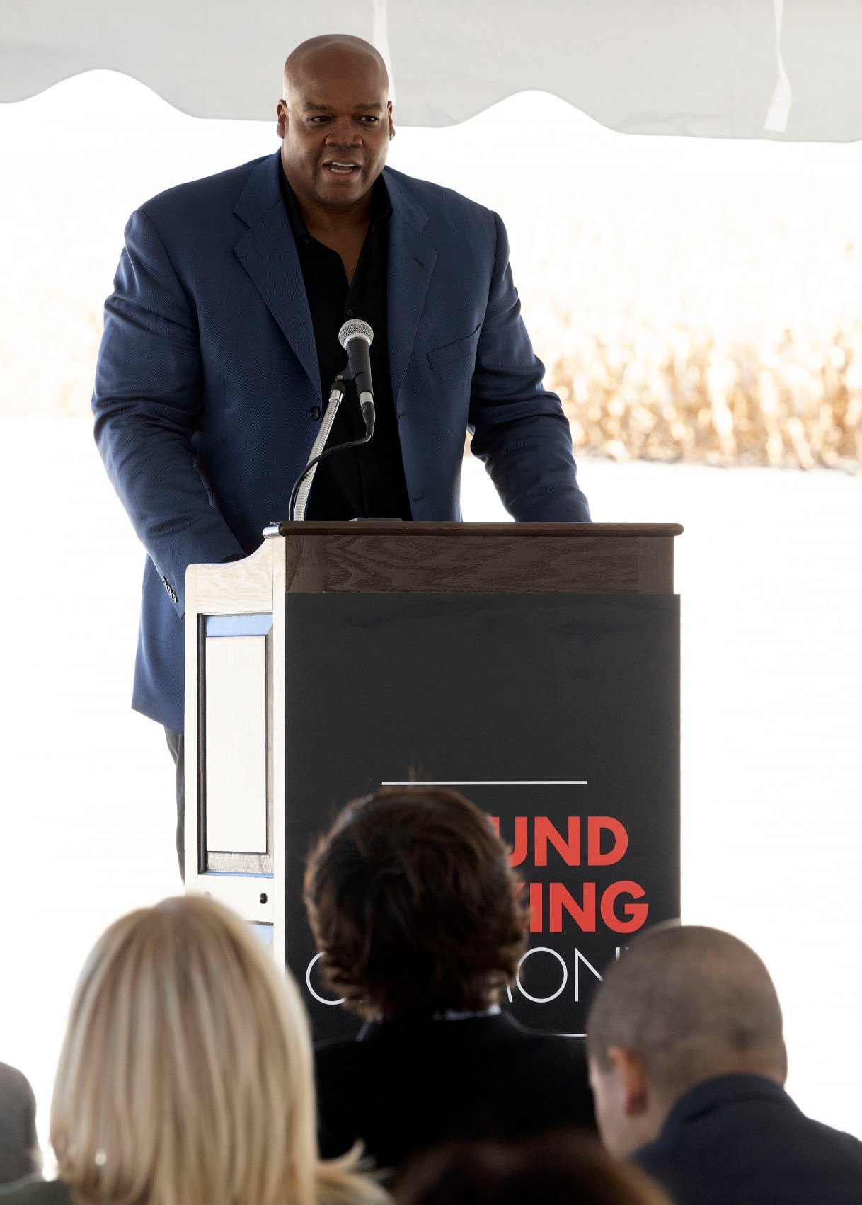 Frank Thomas speaks during the Project Heaven groundbreaking ceremony at the Field of Dreams in Dyersville, Iowa, on Wednesday, Sept. 28, 2022.    PHOTO CREDIT: Stephen Gassman