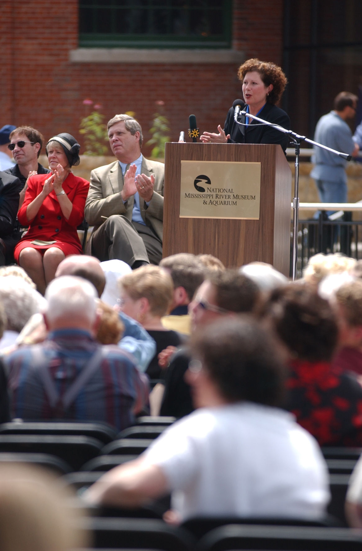 Development Director Teri Hawks Goodmann speaks during the Grand Opening Ceremony for the National Mississippi River Museum & Aquarium in 2003.    PHOTO CREDIT: File photo