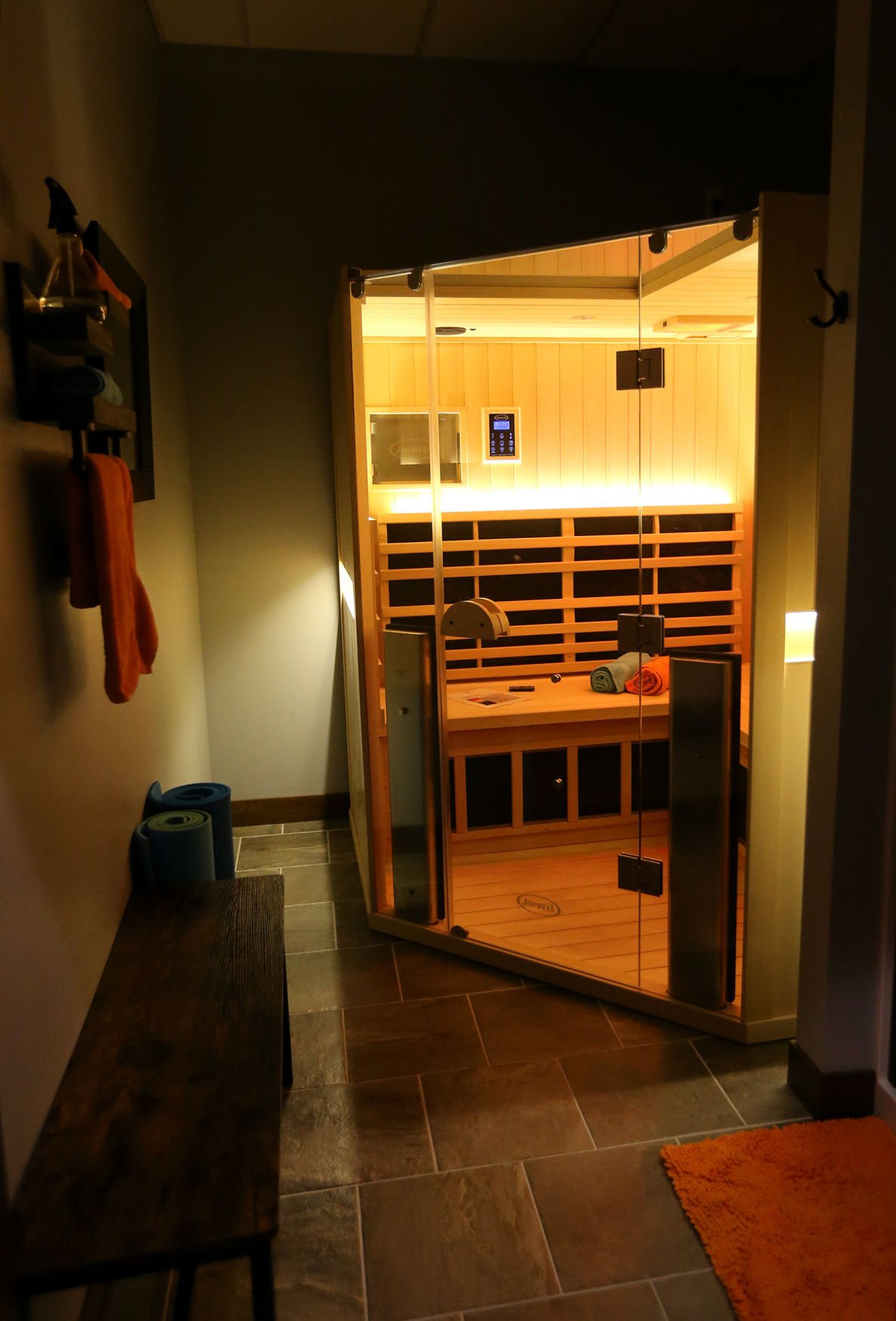 An infrared sauna room at Restore and Renew Therapeutics in Asbury, Iowa.    PHOTO CREDIT: JESSICA REILLY