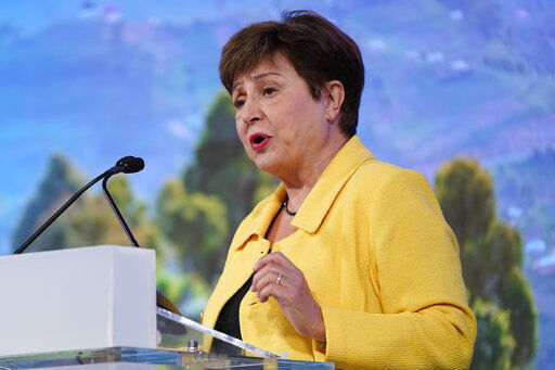 International Monetary Fund managing director Kristalina Georgieva speaks before introducing a panel discussion at the 2022 Annual Meetings of the International Monetary Fund and the World Bank Group. The IMF is downgrading its outlook for the world economy for 2023, citing a long list of threats that include Russia’s war against Ukraine, chronic inflation pressures, punishing interest rates and the lingering consequences of the global pandemic.    PHOTO CREDIT: Patrick Semansky