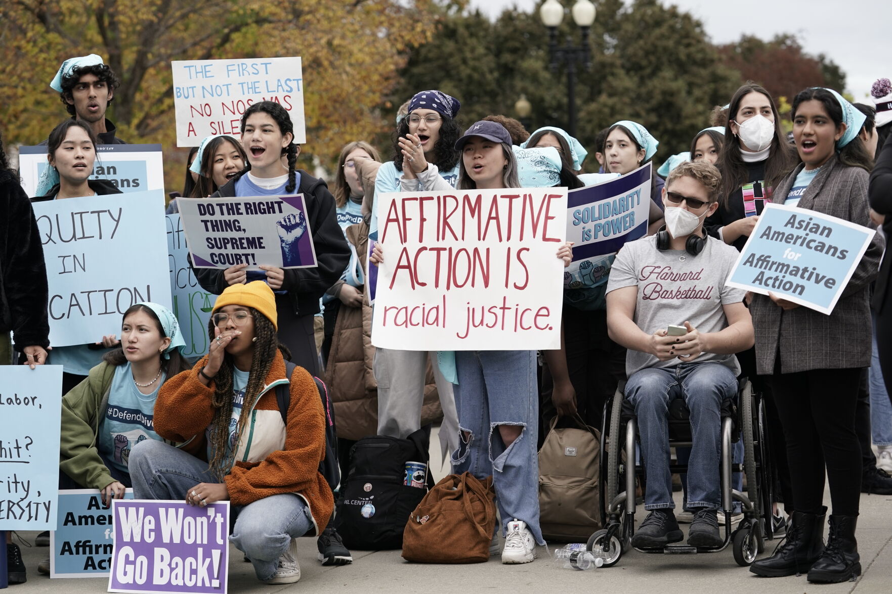 <p>People rally outside the Supreme Court as the court begins to hear oral arguments in two cases that could decide the future of affirmative action in college admissions, Monday, Oct. 31, 2022, in Washington. (AP Photo/J. Scott Applewhite)</p>   PHOTO CREDIT: J. Scott Applewhite