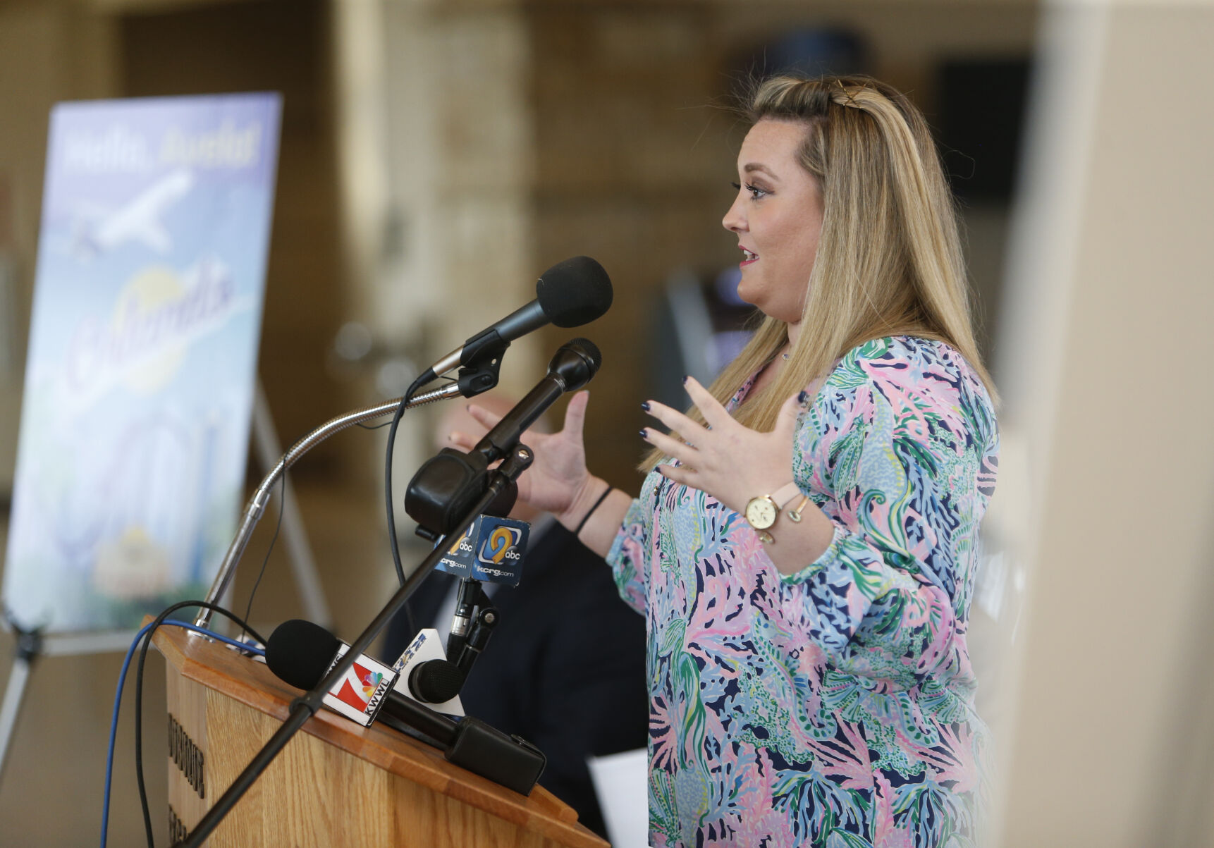 Avelo Airlines Communications Manager Courtney Goff speaks during a press conference announcing the low-cost airline as the new carrier from Dubuque Regional Airport on Thursday, Nov. 3, 2022.    PHOTO CREDIT: Dave Kettering