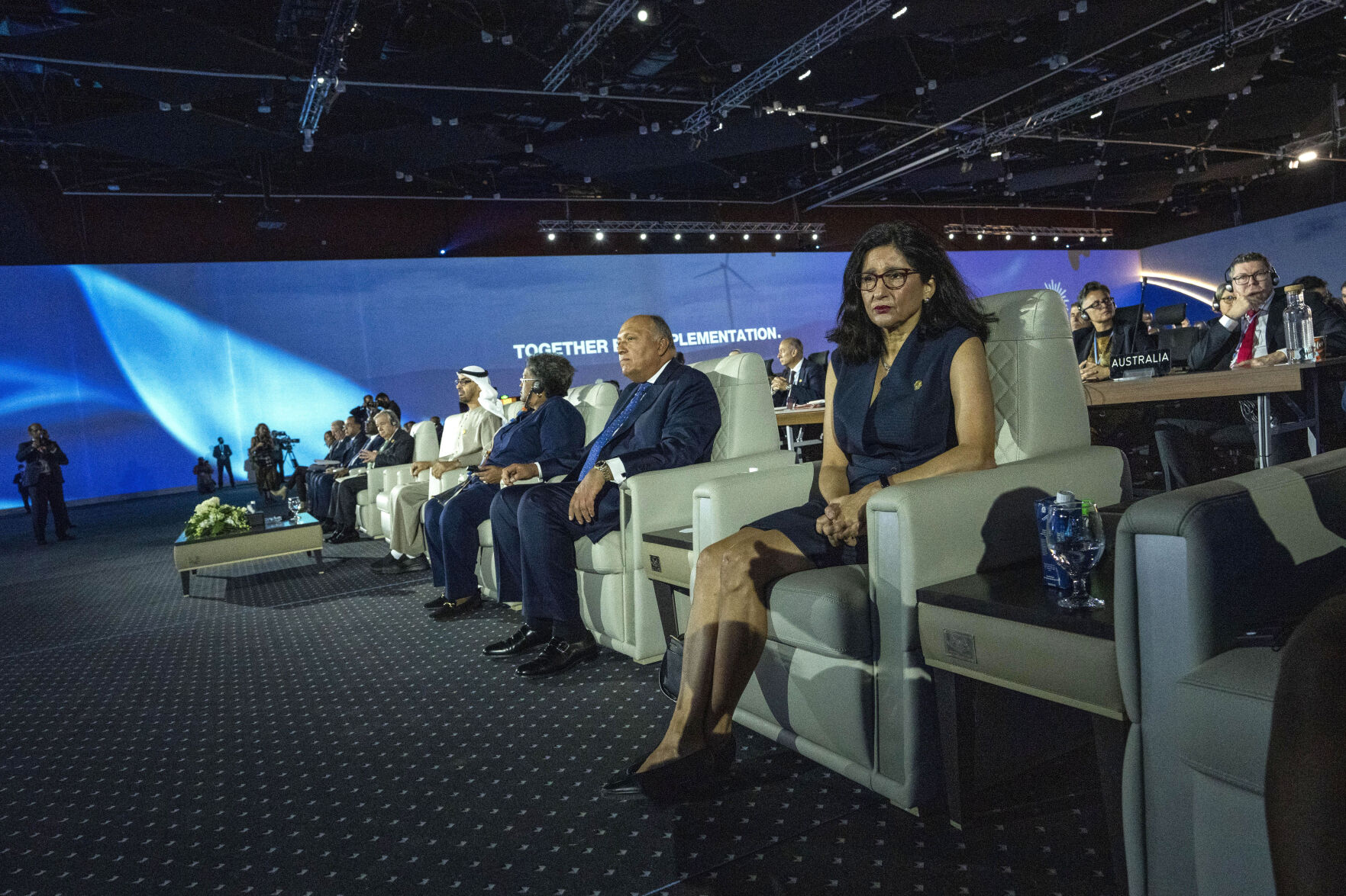 <p>Baroness Minouche Shafik, London School of Economics Director, right, listens to Egyptian President Abdel Fattah el-Sissi, as he gives a speech during the COP27 U.N. Climate Summit, in Sharm el-Sheikh, Egypt, Monday, Nov. 7, 2022. (AP Photo/Nariman El-Mofty)</p>   PHOTO CREDIT: Nariman El-Mofty - staff, AP
