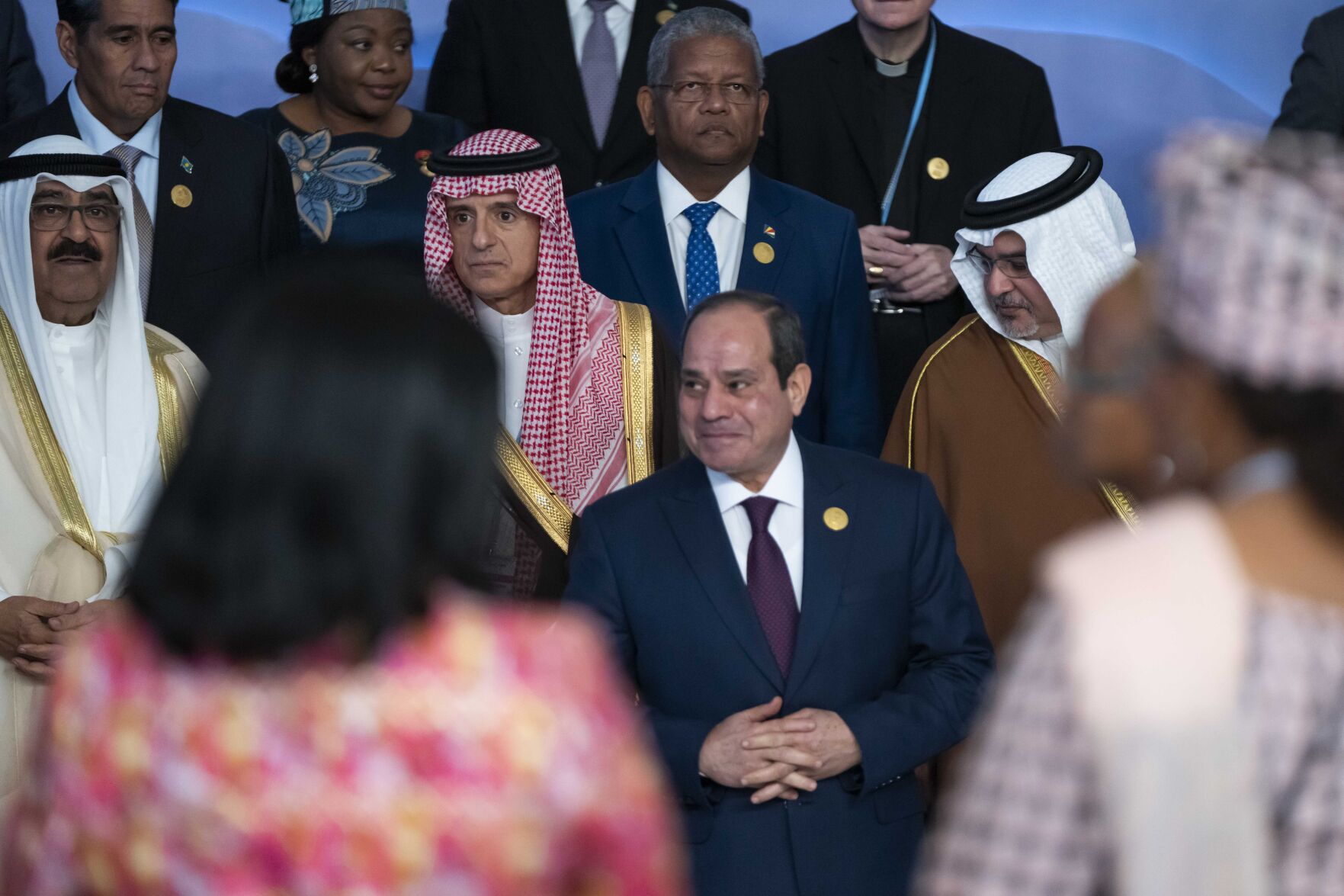 <p>Adel al-Jubeir, Saudi Arabia’s minister of state for foreign affairs, center left, and Egyptian President Abdel Fattah El-Sisi, front center, prepares with other leaders for a group photo at the COP27 U.N. Climate Summit, in Sharm el-Sheikh, Egypt, Monday, Nov. 7, 2022. (AP Photo/Nariman El-Mofty)</p>   PHOTO CREDIT: Nariman El-Mofty - staff, AP