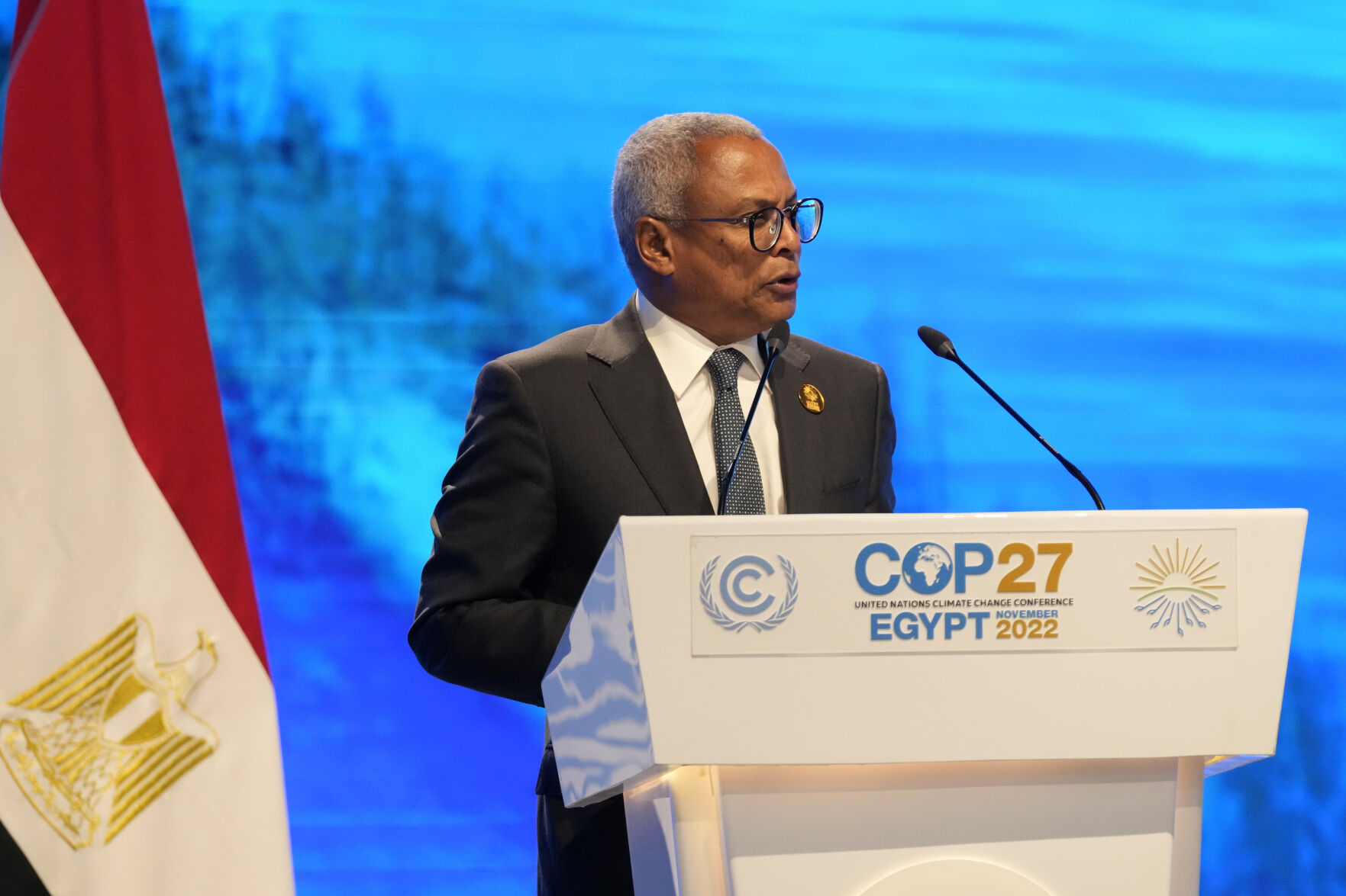 <p>Jose Maria Neves, president of Cabo Verde speaks at the COP27 U.N. Climate Summit, Tuesday, Nov. 8, 2022, in Sharm el-Sheikh, Egypt. (AP Photo/Peter Dejong)</p>   PHOTO CREDIT: Peter Dejong - staff, AP