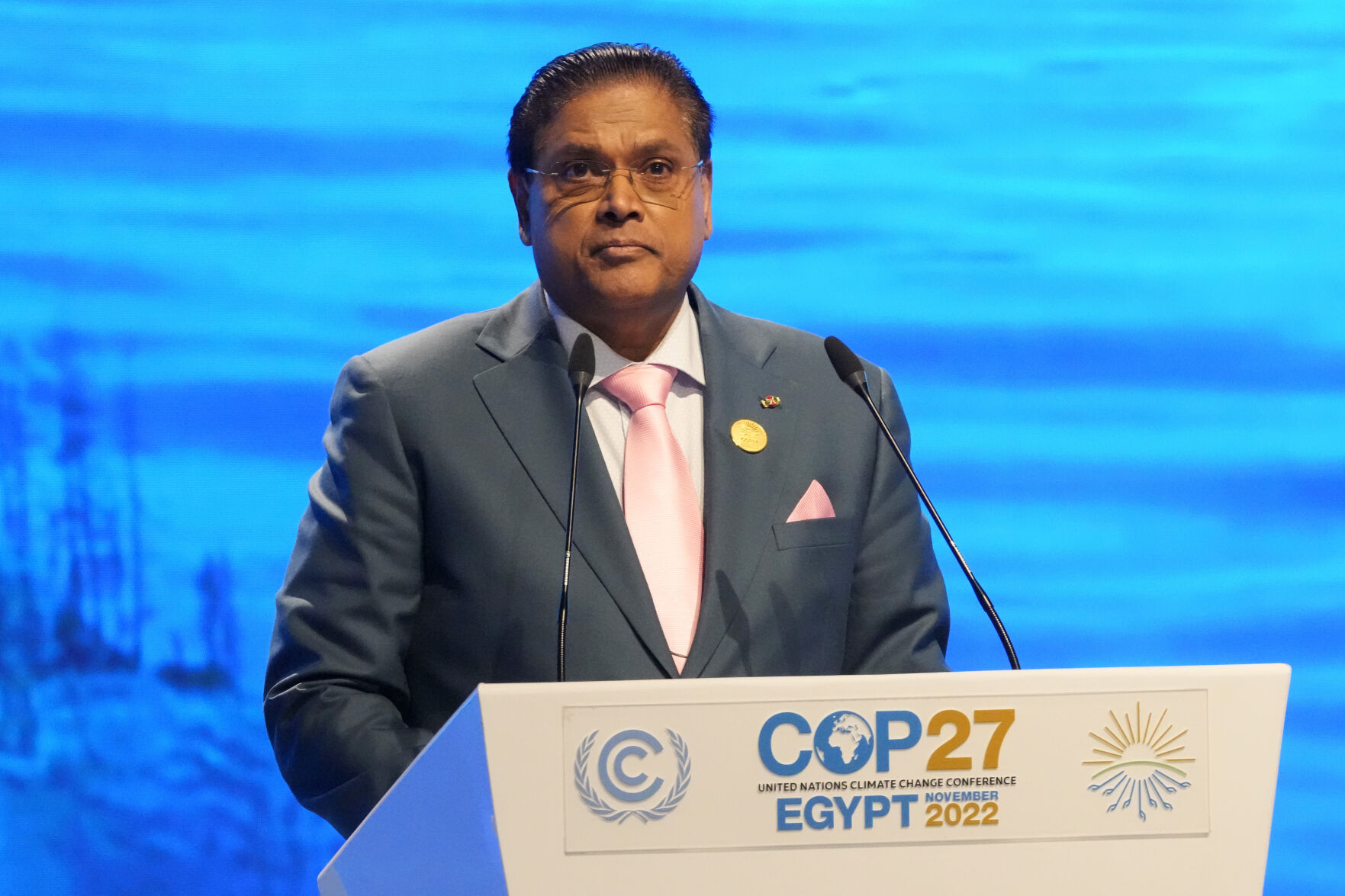 <p>Chandrikapersad Santokhi, president of Suriname, speaks at the COP27 U.N. Climate Summit, Tuesday, Nov. 8, 2022, in Sharm el-Sheikh, Egypt. (AP Photo/Peter Dejong)</p>   PHOTO CREDIT: Peter Dejong - staff, AP