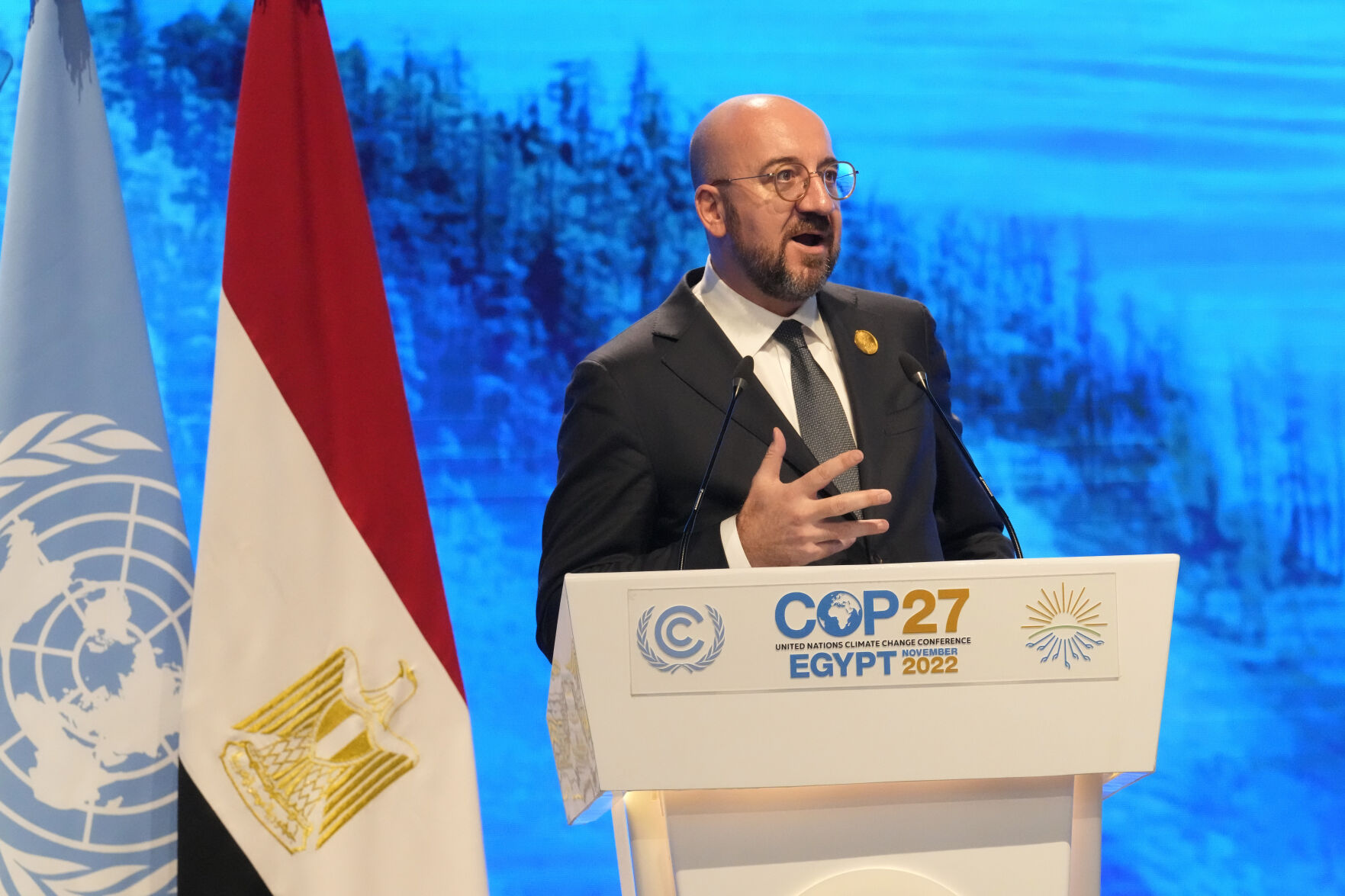 <p>European Council President Charles Michel speaks at the COP27 U.N. Climate Summit, Tuesday, Nov. 8, 2022, in Sharm el-Sheikh, Egypt. (AP Photo/Peter Dejong)</p>   PHOTO CREDIT: Peter Dejong - staff, AP